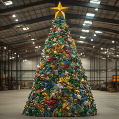 Large Christmas tree of recyclables in warehouse setting