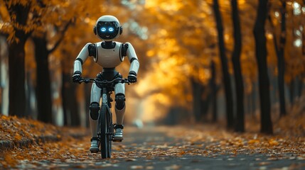 Robot is riding a bike in a park. Happy humanoid robot rides a bicycle along the autumn alley. Robotic object experiences feelings and emotions