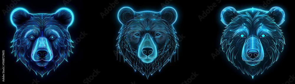 Poster three bear heads are displayed in a row on a black background. the bears are rendered in a blue and 