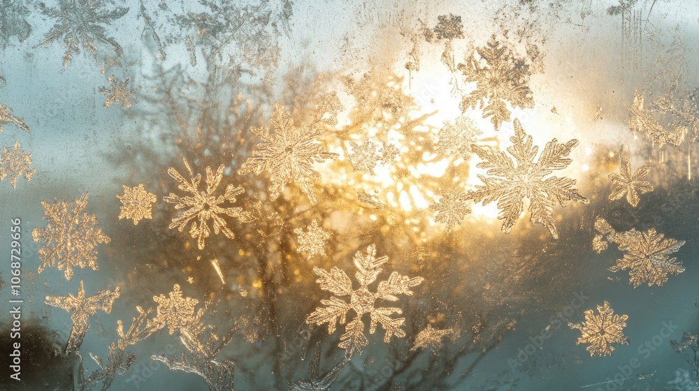 Poster frosty window with beautiful snowflake patterns