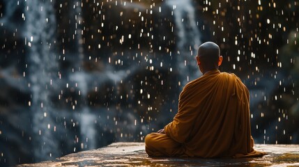 Obraz premium Monk Meditating in the Rain