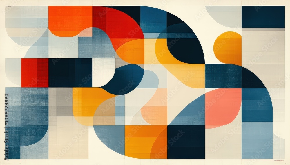 Poster abstract geometric shapes with bold colors and overlapping patterns.