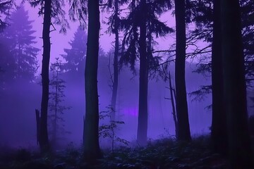 Silhouetted trees in misty forest at dawn.