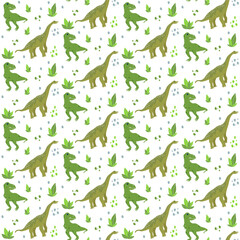 Vector seamless pattern with cute dino, dinosaur T Rex, Tyrannosaurus and Brachiosaurus, abstract children background with plants and stones
