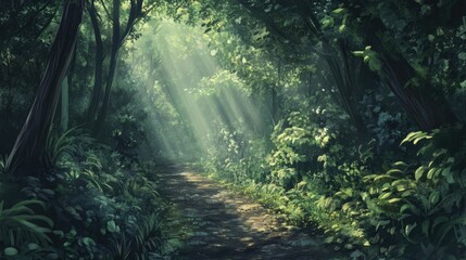 Fototapeta premium Serene Forest Pathway with Sunlight Beams