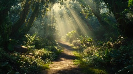 Obraz premium Serene Forest Path with Sunlight Rays
