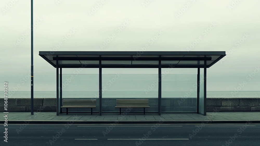 Poster minimalistic bus stop with coastal view