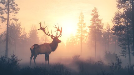 Majestic Elk Silhouetted in Misty Forest at Dawn Symbolic of Strength and Solitude