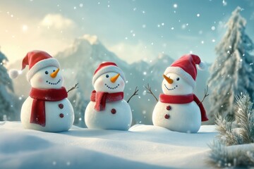 Fototapeta premium merry christmas greeting text with snowman characters in winter wonderful land background