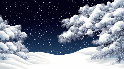 Naklejka premium Lino black and white pine tree with snow-covered branches, holiday cheer, woodcut print