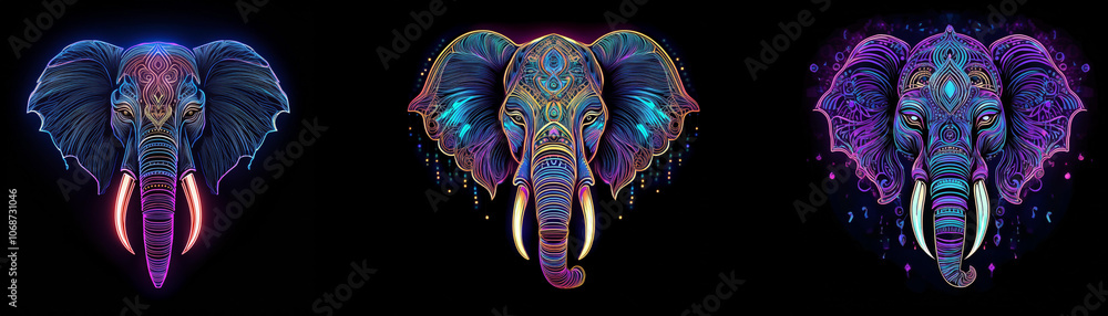 Poster three colorful elephant heads with intricate patterns and glowing details.