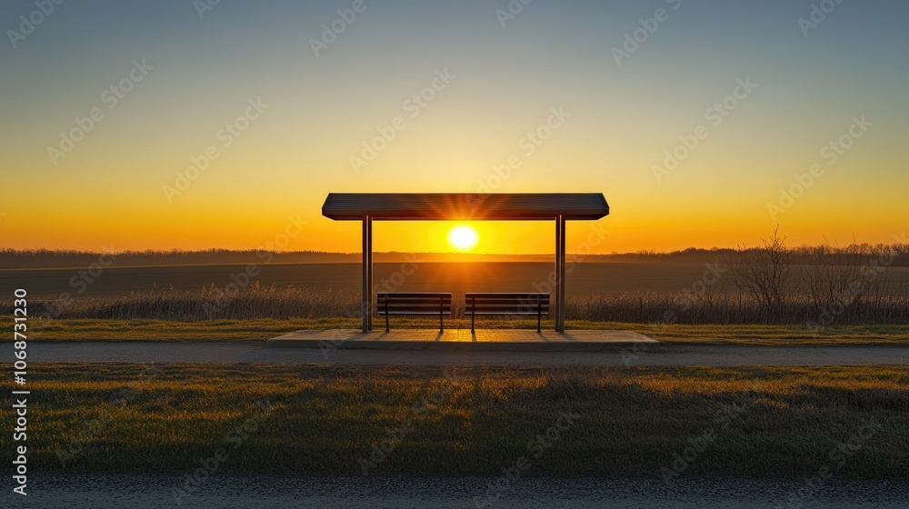 Poster Sunset at Bus Stop with Scenic Background
