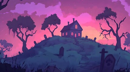Haunted House on a Hilltop at Twilight