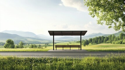 Obraz premium Scenic Bus Stop in Serene Landscape