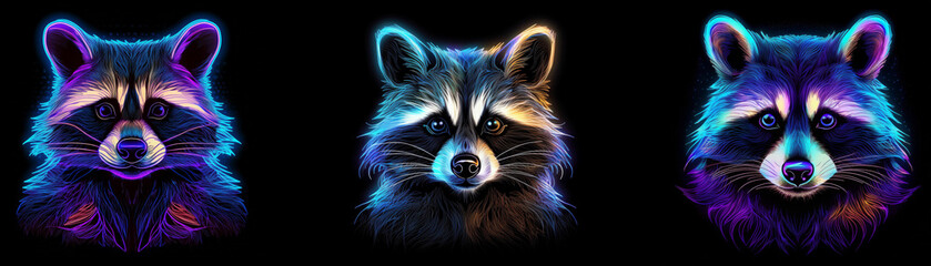 Three raccoons are depicted in neon colors against a black background.
