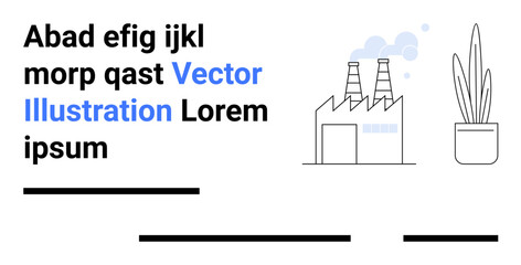 Factory with smoke stacks emitting blue smoke, potted plant, and placeholder text. Ideal for industrial, technology, environmental, editorial, websites, infographics, presentations. Landing page