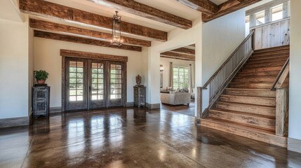 Naklejka premium Spacious farmhouse entrance hall with exposed wooden beams, sleek flooring, and a grand rustic door, highlighting modern elegance