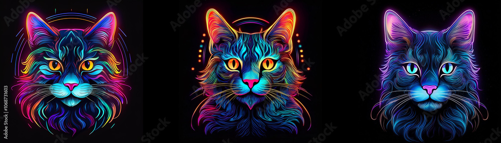 Poster Three glowing cat portraits with different neon colors and a dark background.