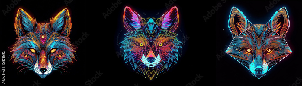 Poster three fox heads are depicted in a stylized manner, each with a unique neon color palette.