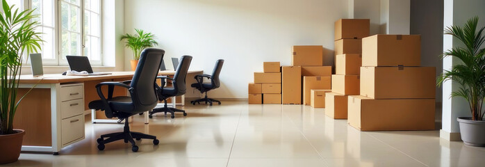 An open office setup featuring empty desks and chairs with stacked boxes against the wall, brightened by sunlight