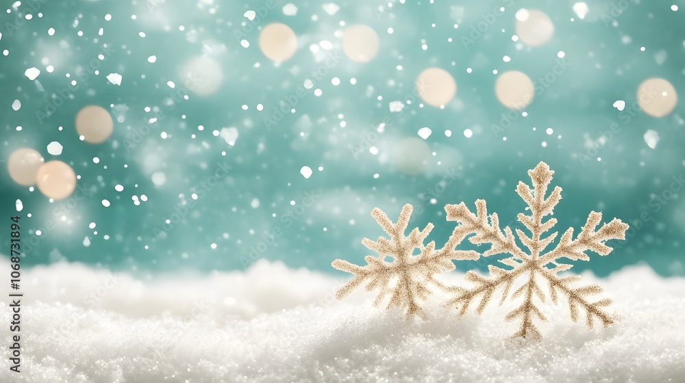 Poster sparkling winter snowflake ornament with snow and bokeh background