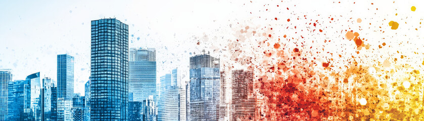 Fototapeta premium Cityscape silhouette with vibrant splashes of color representing energy and creativity. modern skyline showcasing urban life and artistic expression