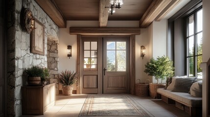Stylish rustic entrance hall with exposed timber beams, a large wooden door, and natural stone accents, blending farmhouse charm with luxury