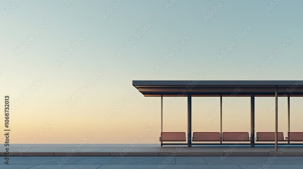 Poster minimalistic bus stop at sunrise with soft colors