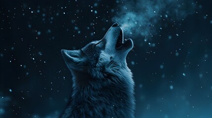 A Close up of a Wolf Howling in the Starry Night Sky with Visible Breath Capturing the Untamed Spirit of the Wilderness