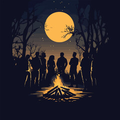 Silhouette of a group of friends around a campfire under a starry sky
