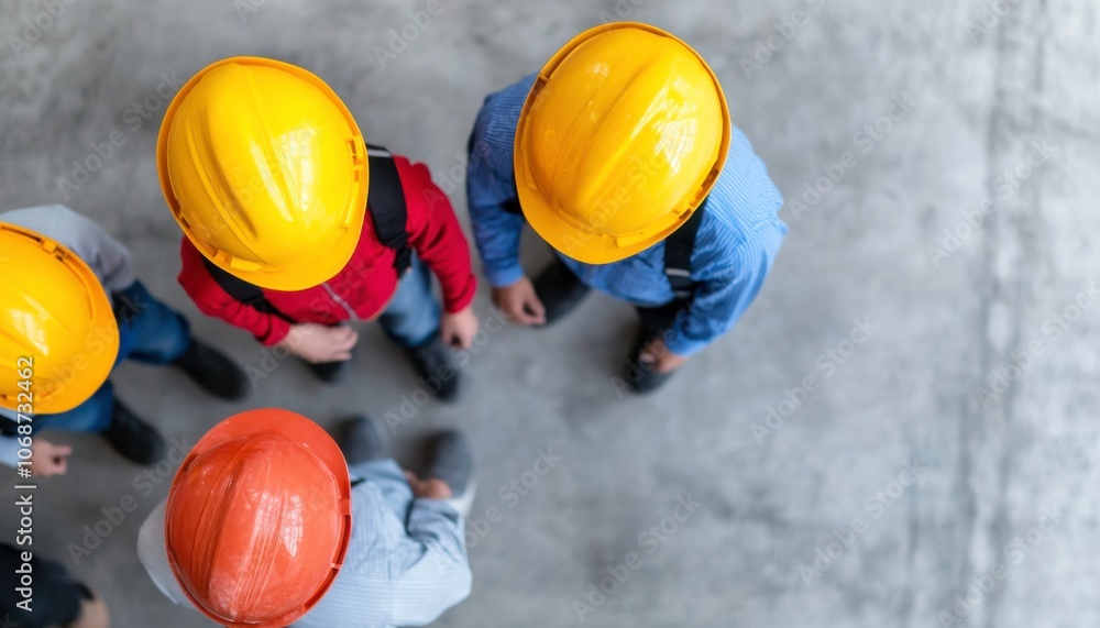 Aufkleber aerial view of construction workers in hard hats discussing a project on the ground. safety colors a