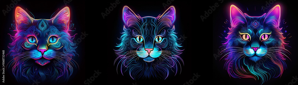 Poster three cats with glowing fur are shown in front of a black background. the cats have different colors