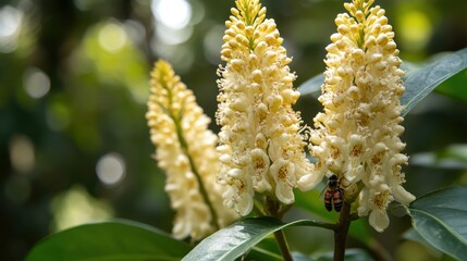 Fototapeta premium Closeup of a Bee on Cream-Colored Flowers