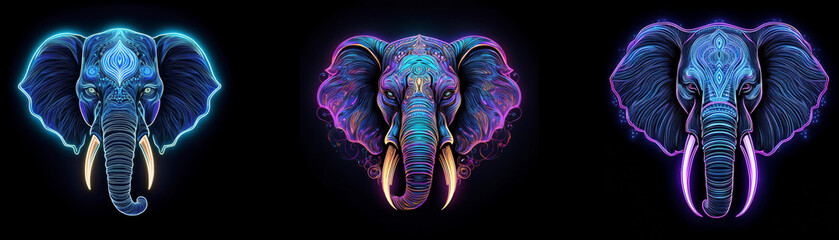 Three elephant heads with neon glow in blue, purple and pink on a black background.