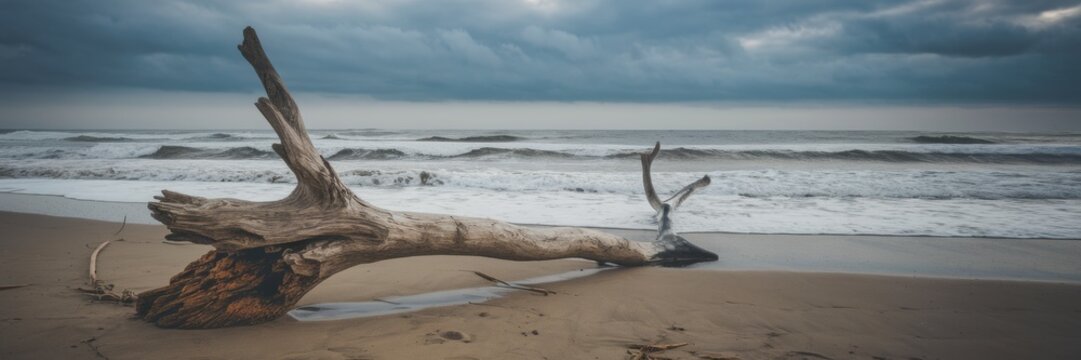 A piece of floating wood on a serene beach. The floating tree, weathered by time and tides, has a gnarled, curved shape. A banner with space for text.