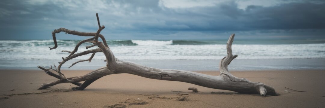 A piece of floating wood on a serene beach. The floating tree, weathered by time and tides, has a gnarled, curved shape. A banner with space for text.