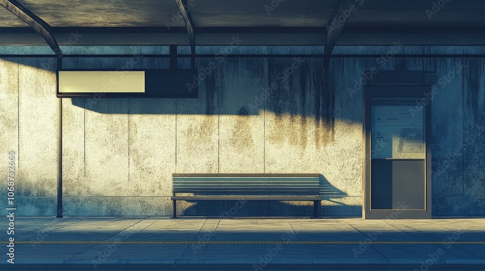 Poster urban bus stop with bench and simple design