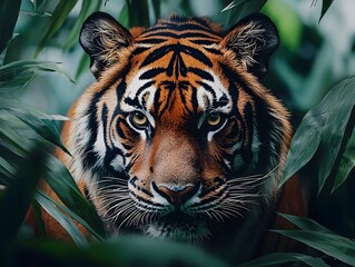 Intense Tiger Face in Vibrant Jungle Backdrop Exuding Raw Power and Captivating Presence