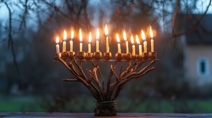 Fototapeta premium Rustic Menorah Crafted from Natural Branches