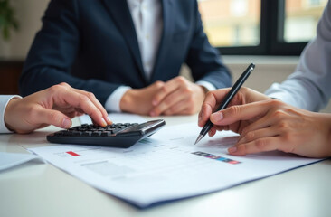 A pair of professionals analyze financial documents together while using a calculator in a workspace
