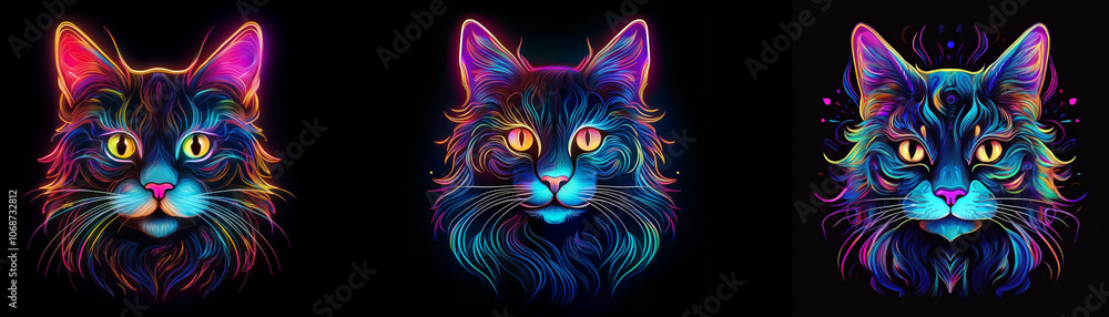 Poster Three colorful cat heads are rendered in a dark background.