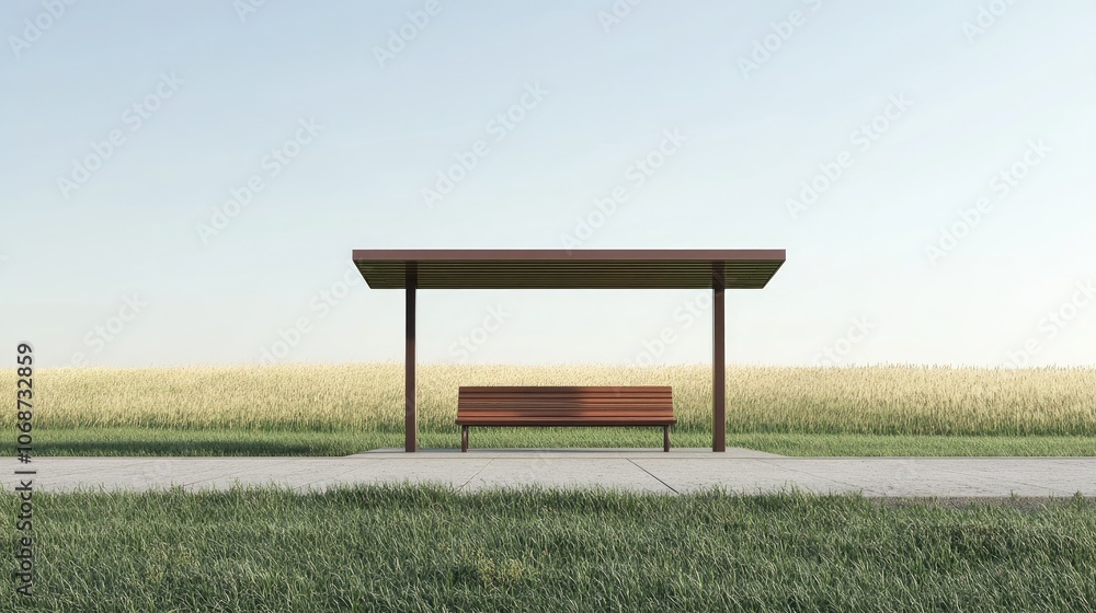 Poster minimalist bus stop in open field landscape