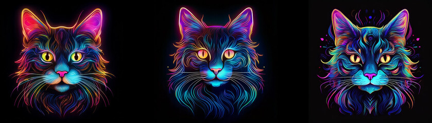 Three colorful cat heads are rendered in a dark background.