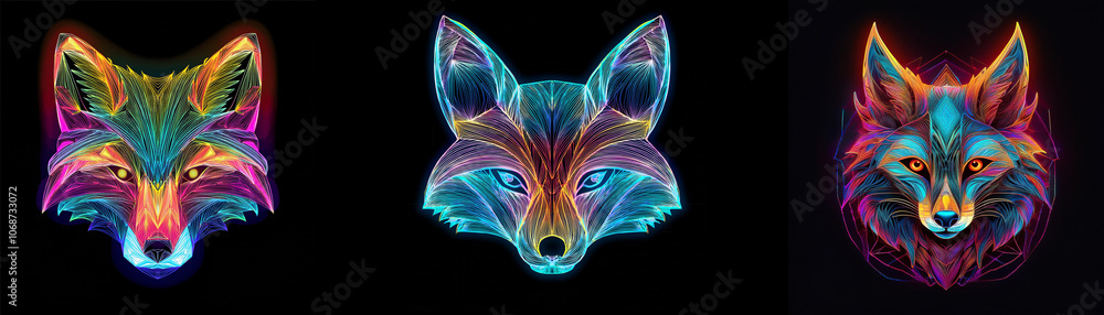 Aufkleber Three abstract neon foxes are depicted in an array of colorful hues against a black background.