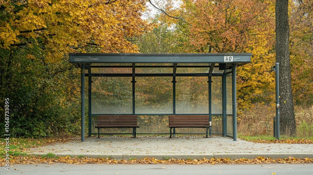 Poster empty bus stop surrounded by autumn trees