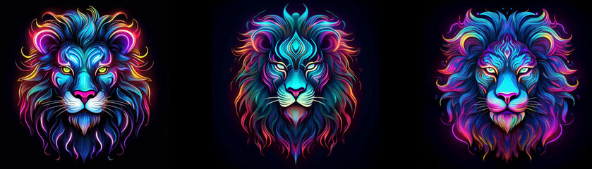 Obraz premium Three lion heads with glowing neon colors and a dark background.
