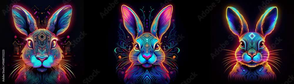 Poster three brightly colored rabbits are facing the viewer. their fur is iridescent and glowing against a 