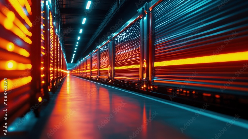 Poster a long tunnel with illuminated walls, featuring moving freight trains that create a dynamic atmosphe