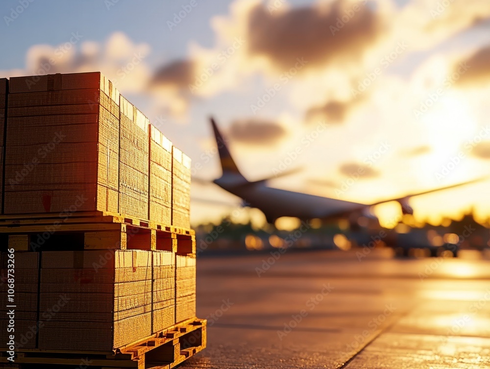 Poster a pallet of cargo stands in the foreground while an airplane prepares for takeoff against a sunset s