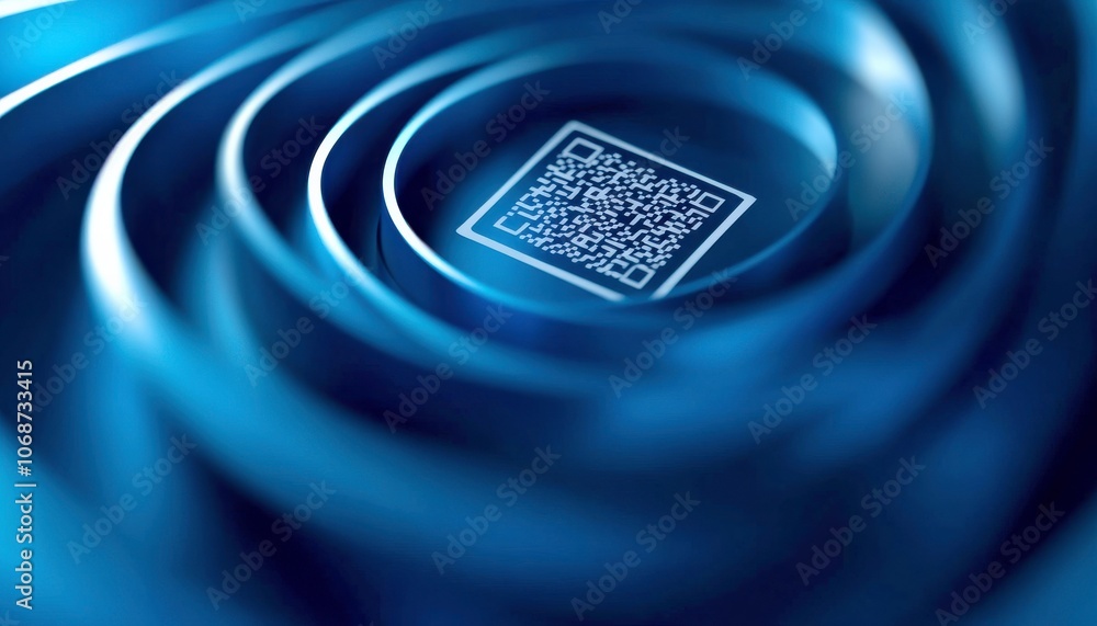 Poster a vibrant blue abstract design featuring concentric ripples surrounding a central qr code.